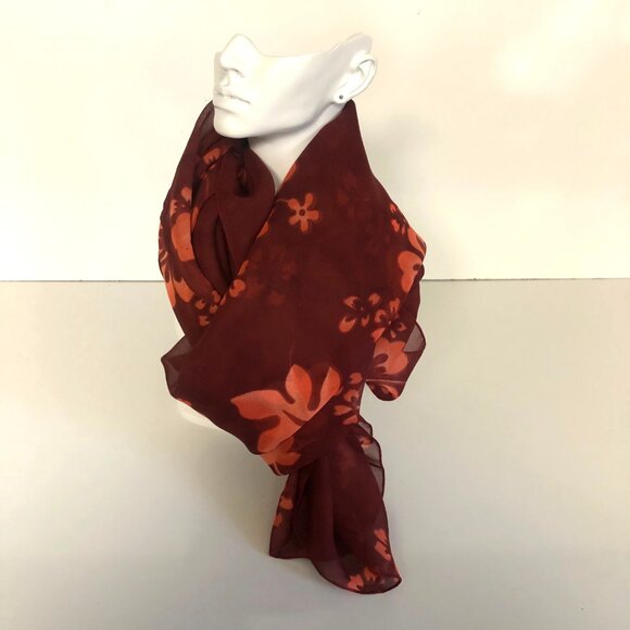 Rima Floral Print Sheer Maroon Orange Scarf Wrap Riviera Maya Mexico Beachwear - Picture 2 of 8